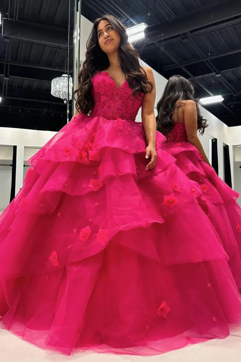 Fuchsia Sweetheart Tiered Tulle Ball Gown Prom Dresses with Appliques