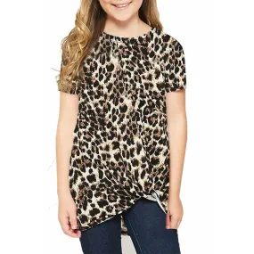 Girls short sleeve leopard print twist top