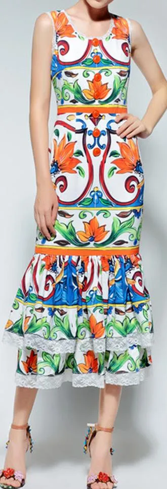 Majolica Print Tiered Lace-Trim-Hem Midi Dress