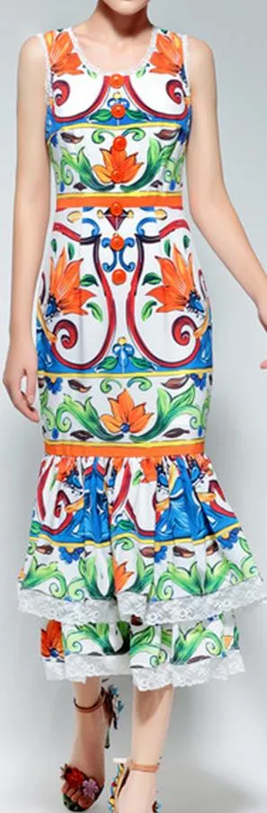 Majolica Print Tiered Lace-Trim-Hem Midi Dress