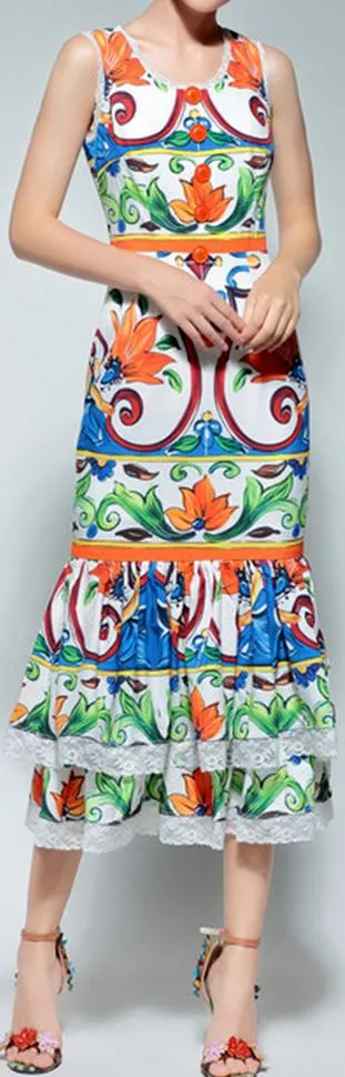 Majolica Print Tiered Lace-Trim-Hem Midi Dress