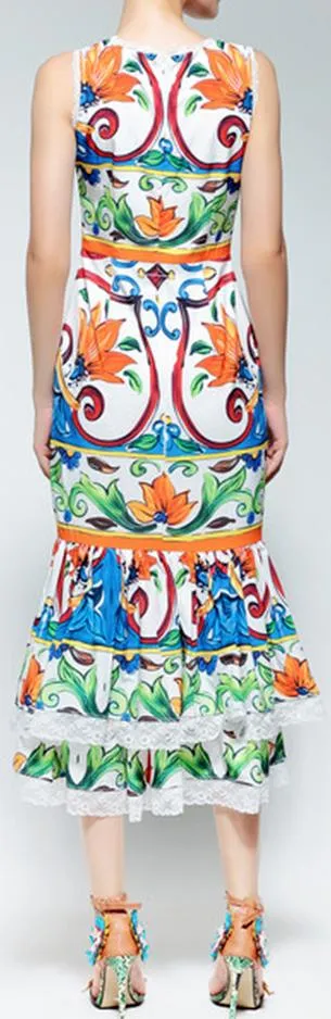 Majolica Print Tiered Lace-Trim-Hem Midi Dress