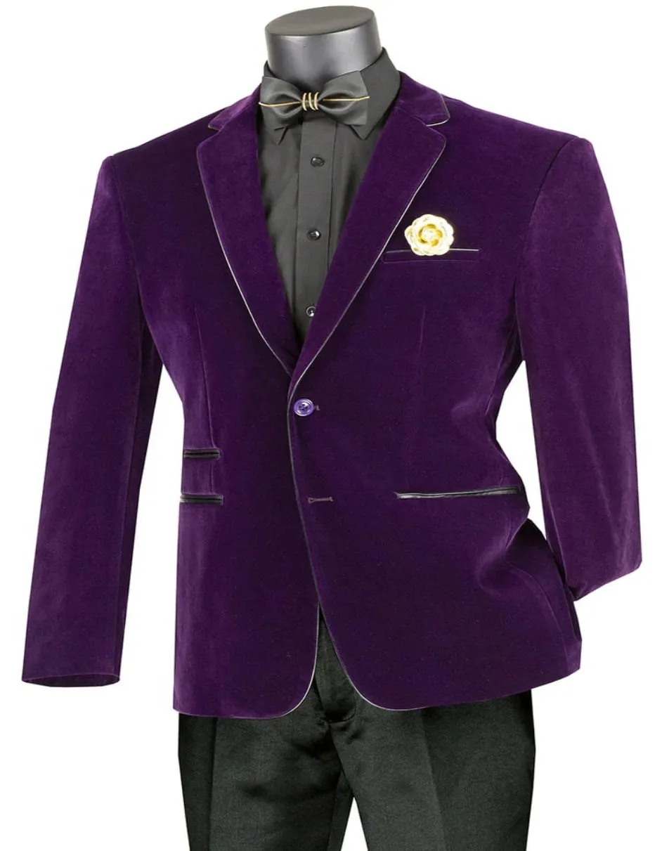 Mens Two Button Velvet Purple with Black Leather Piping Trim Blazer