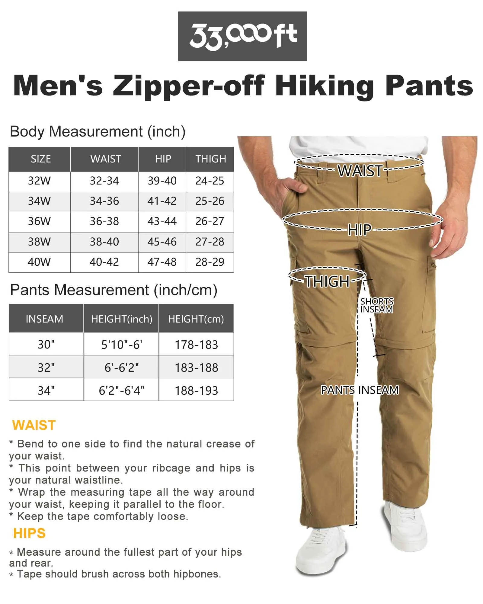 Men's UPF 40  Convertible Zip Off Hiking Pants with 6 Pockets