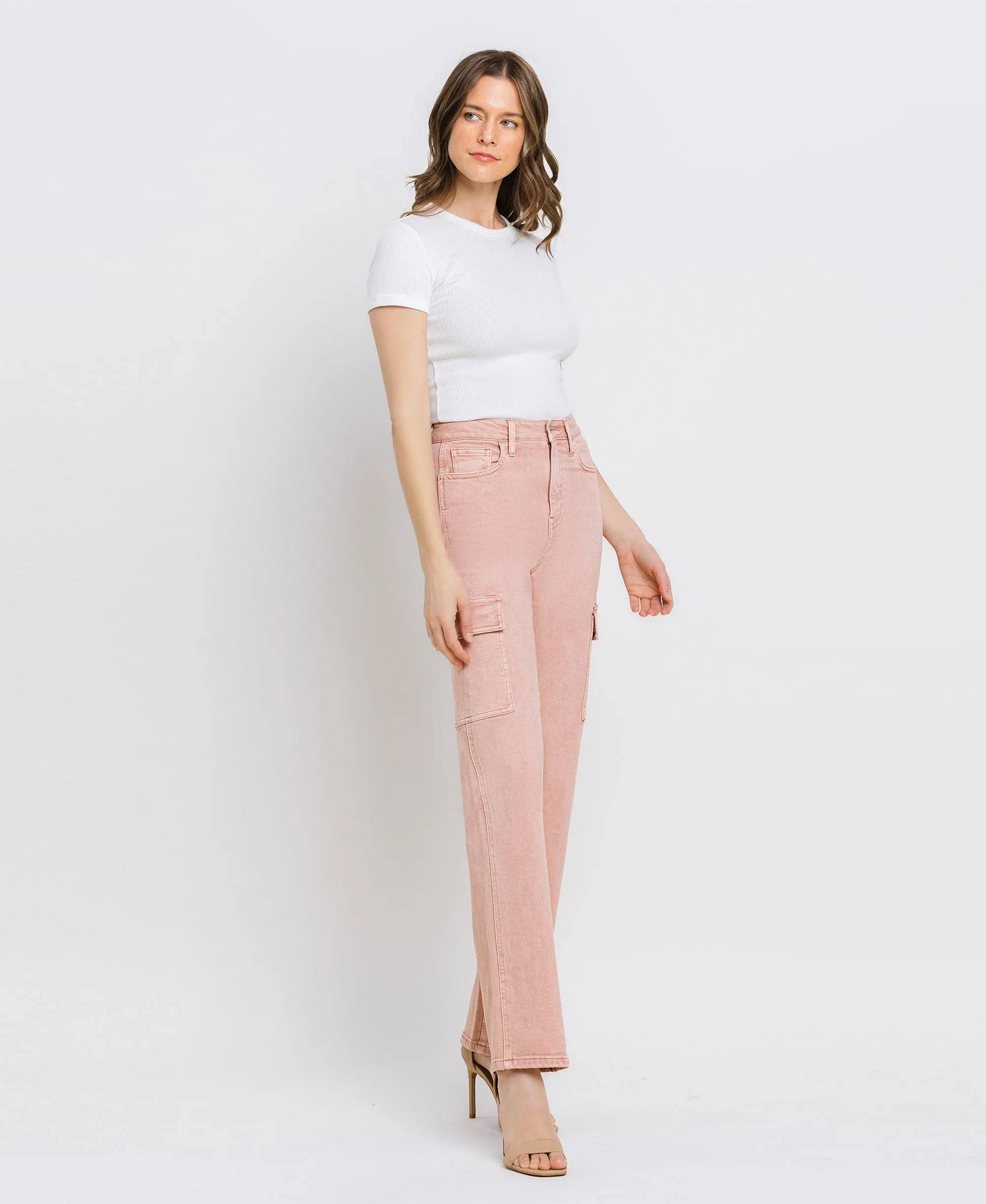 Misty Rose - 90's Super High Rise Cargo Slim Wide Jeans