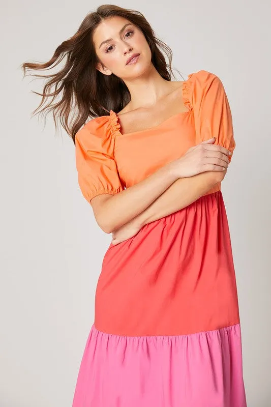 Multi Citrus Colorblock Tiered Midi Dress