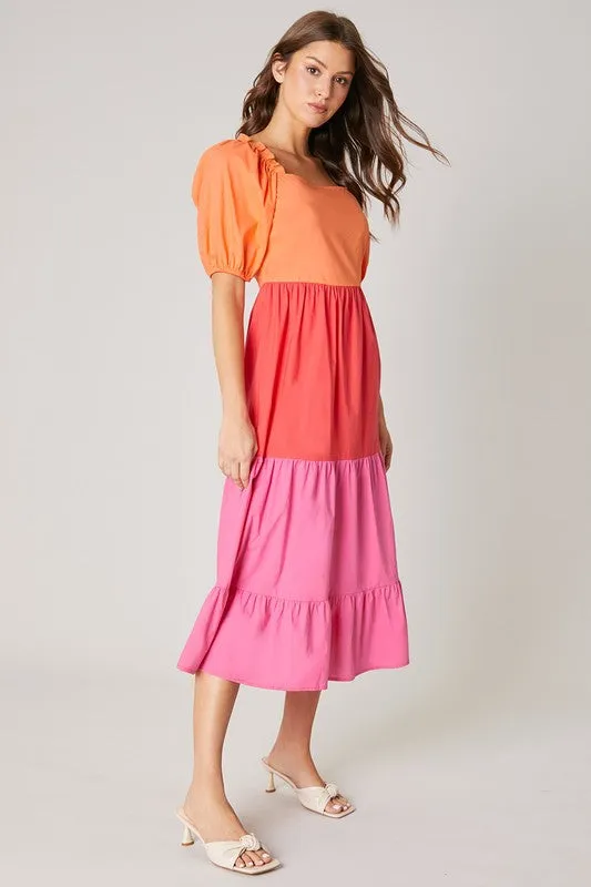 Multi Citrus Colorblock Tiered Midi Dress