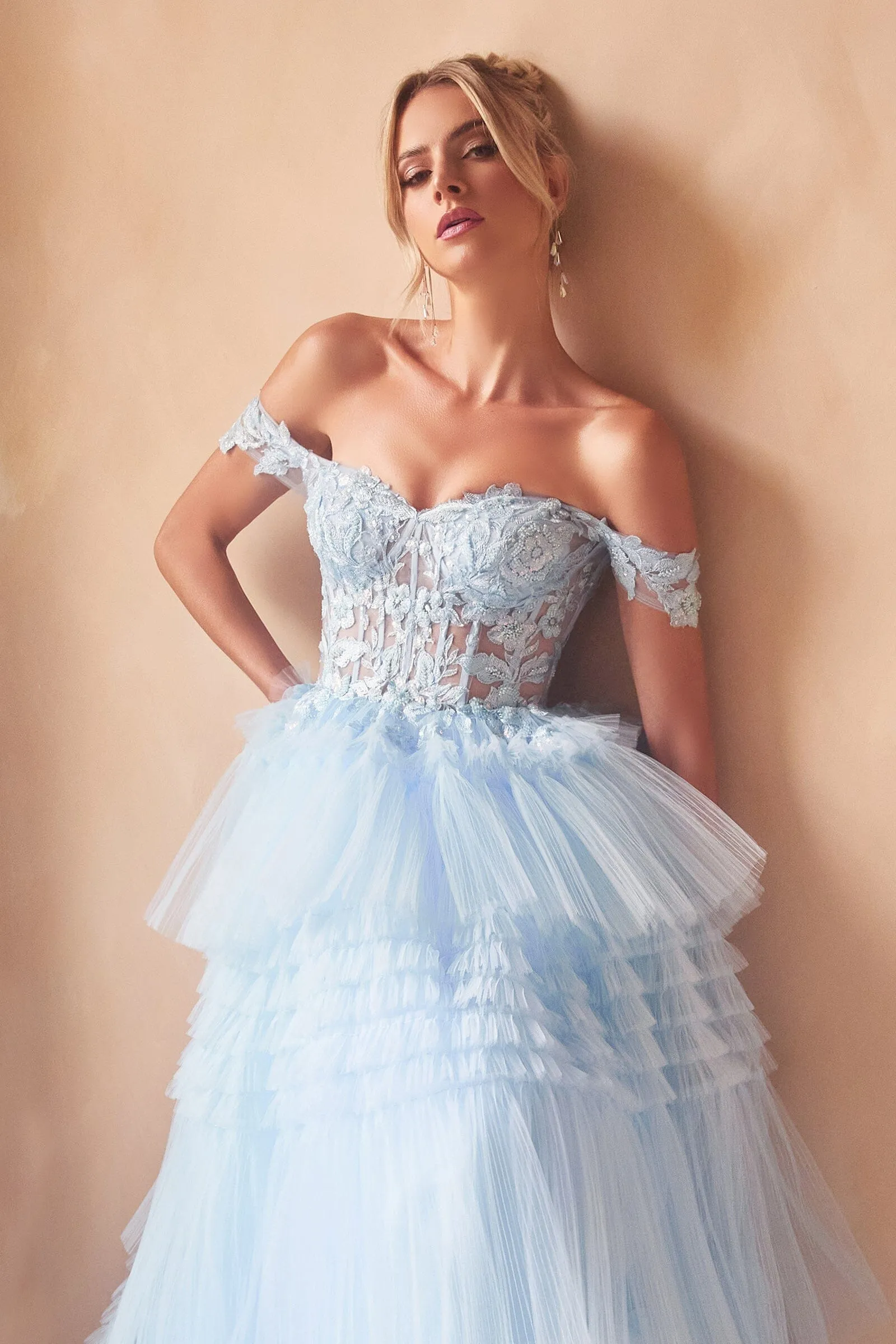 Off Shoulder Corset Layered Tulle Gown by Ladivine 9315