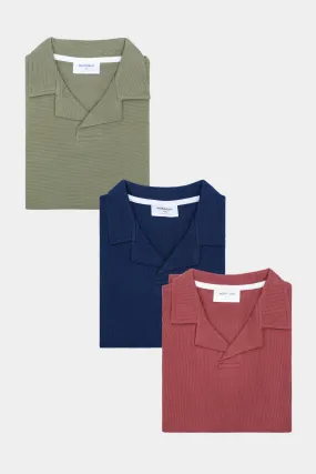 Pack of 3 Waffle Revere Polo Shirts - Olive Drop Needle, Navy Blue & Rust