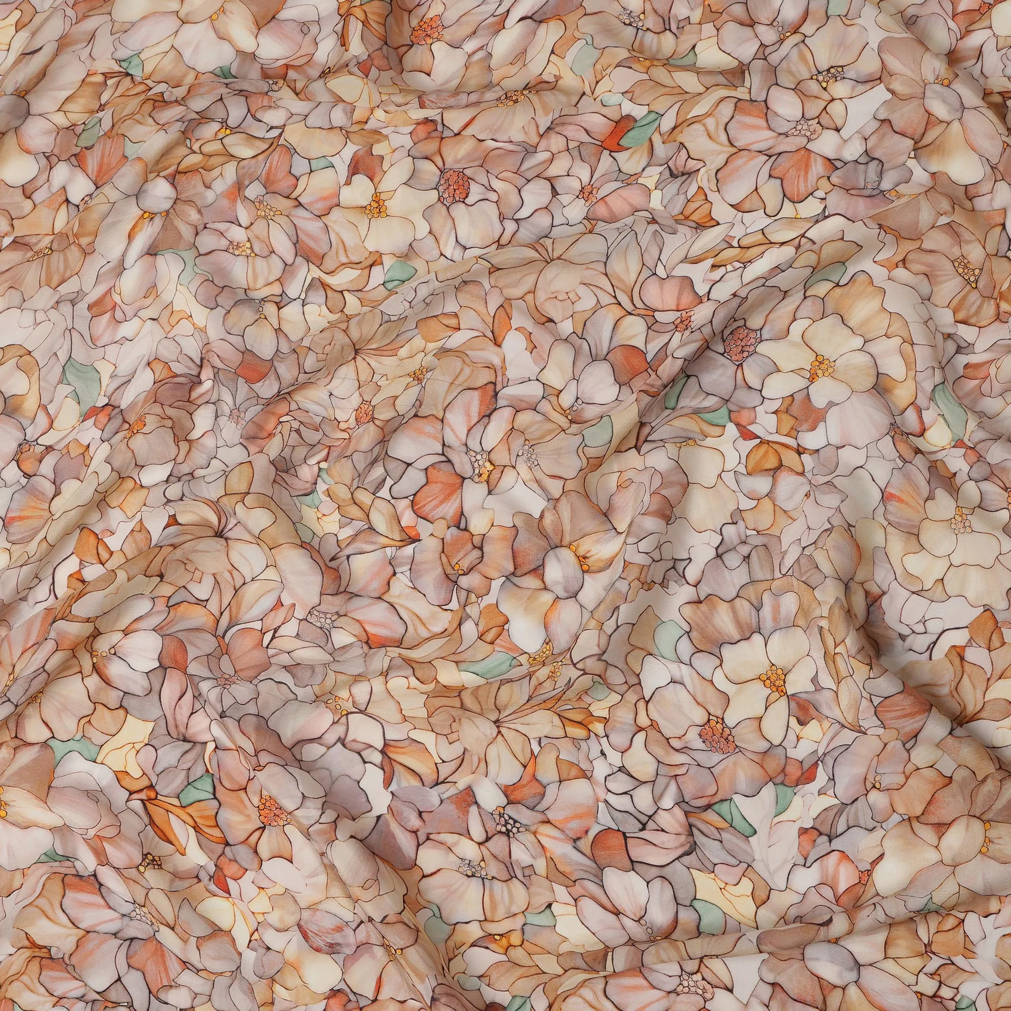 Peach Cream Viscose Digital Printed Fabric with Watercolor Floral Design, 110 cm Width-D21310