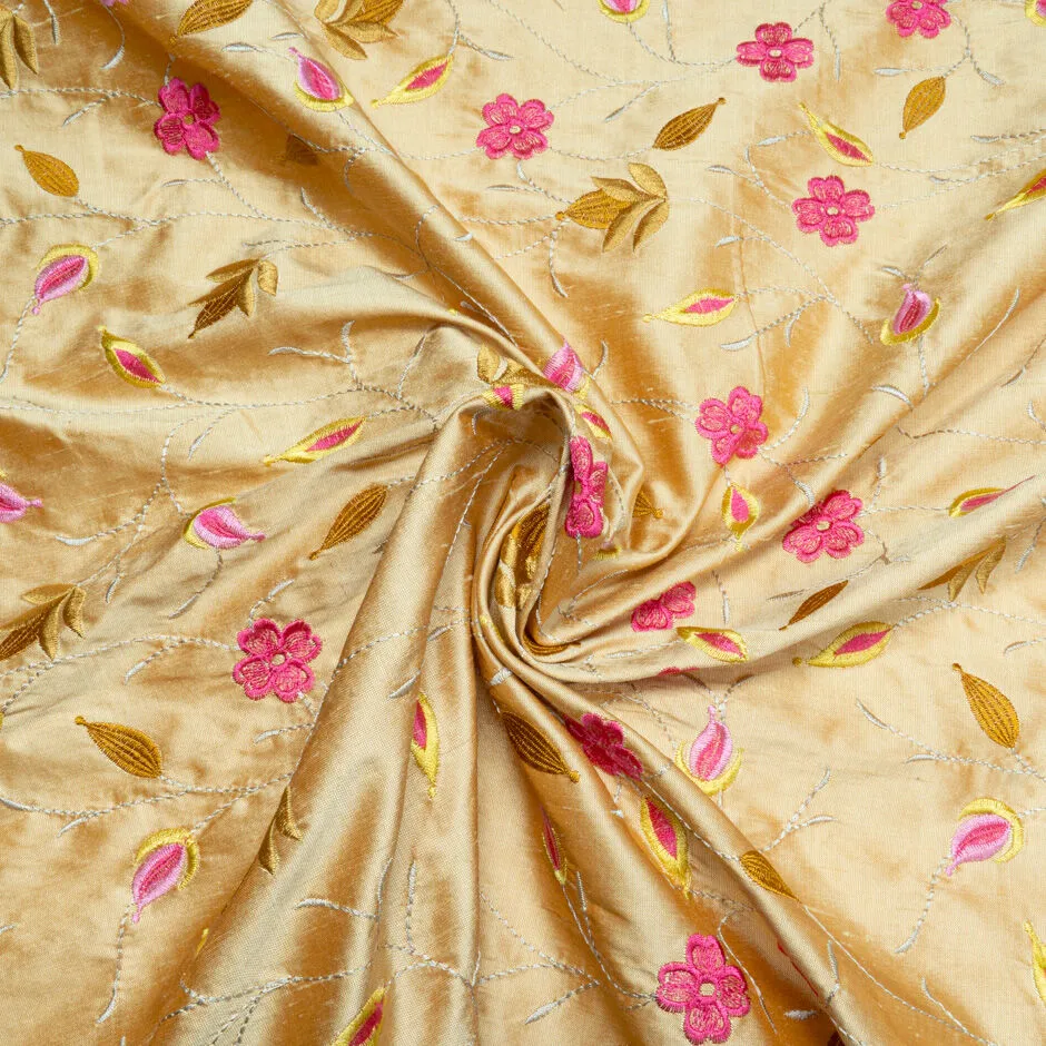 Pink Floral Embroidered Rich Beige Silk Shantung