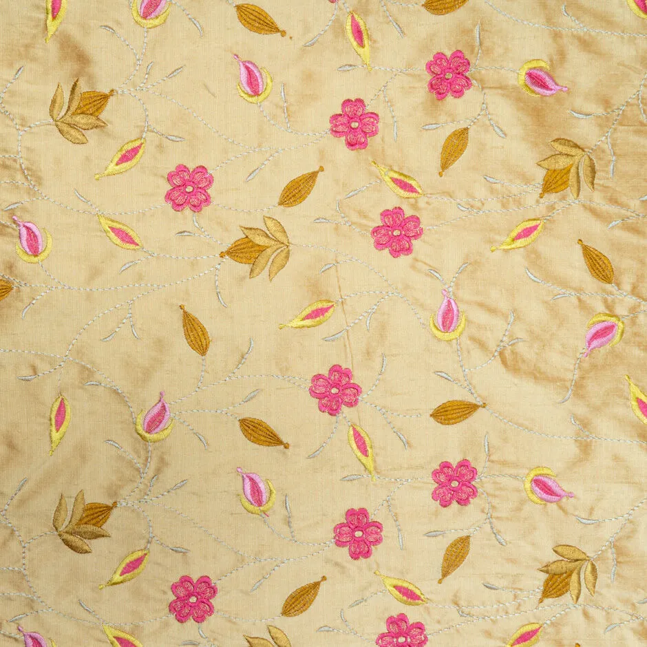 Pink Floral Embroidered Rich Beige Silk Shantung