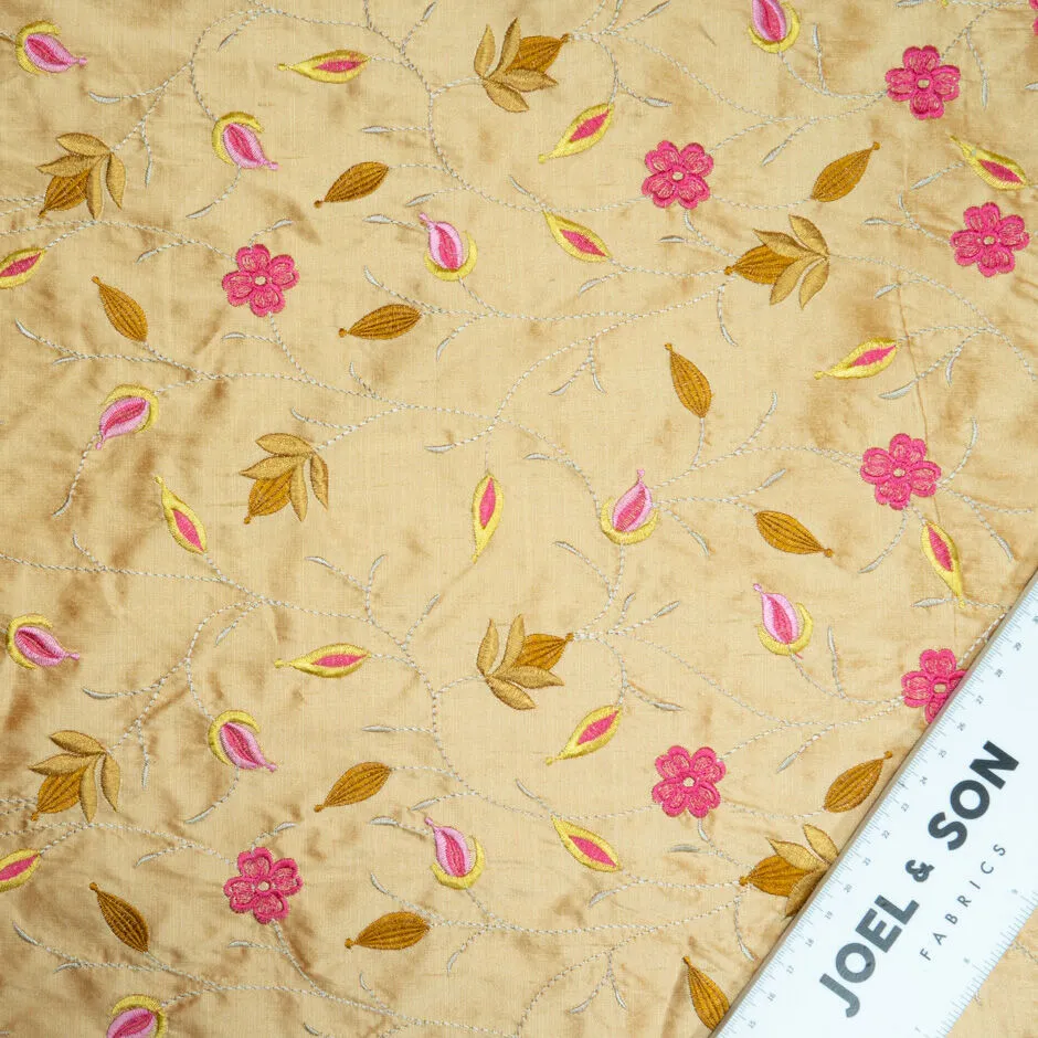 Pink Floral Embroidered Rich Beige Silk Shantung