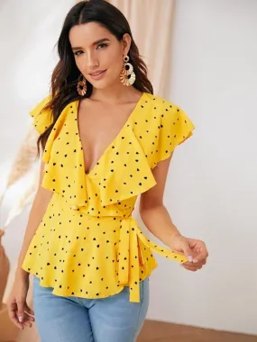 Ruffle Trim Confetti Heart Print Wrap Knot Top