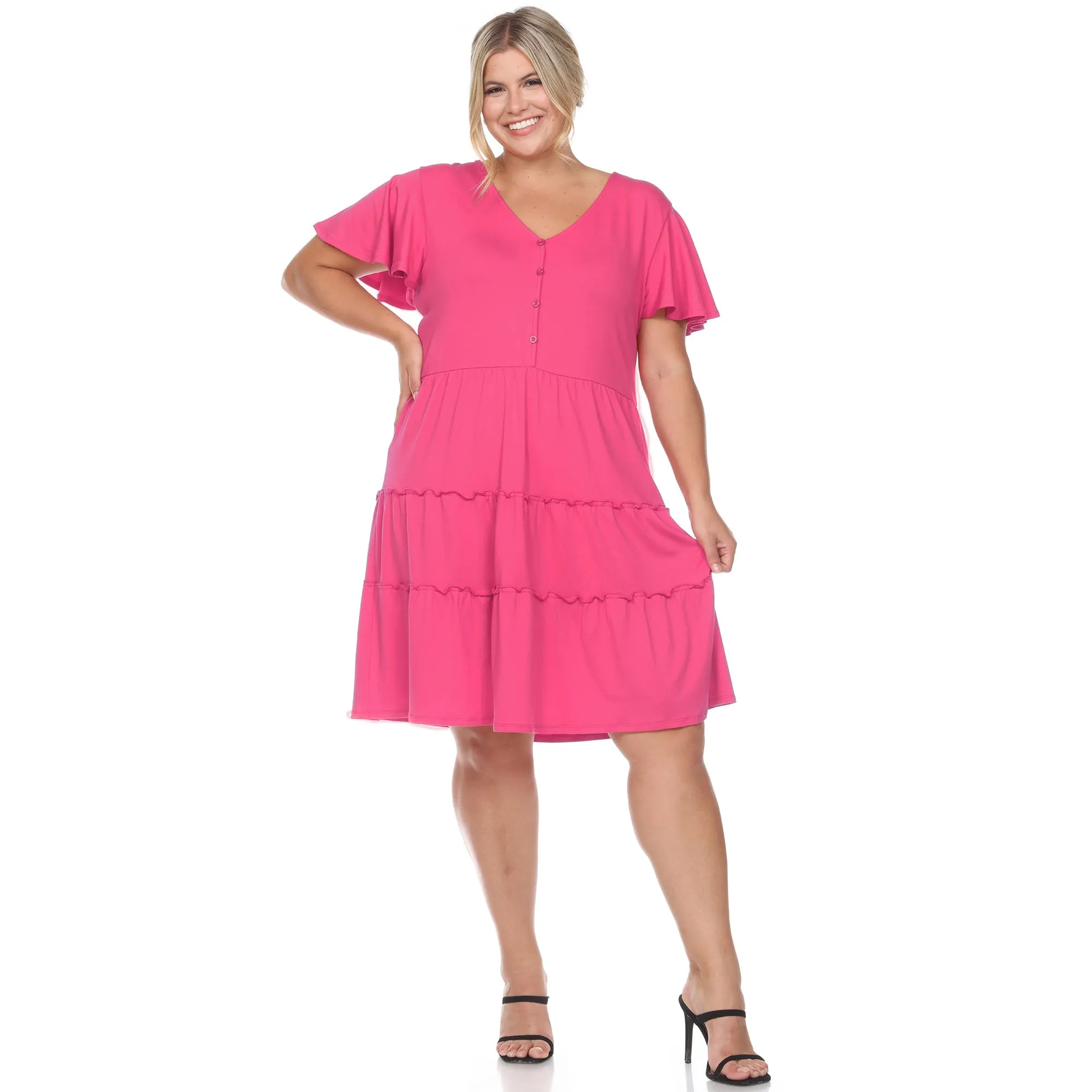 Short Sleeve V-neck Tiered Dress - Plus