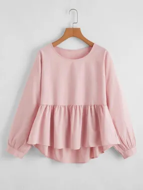 Solid Ruffle Hem High Low Peplum Blouse