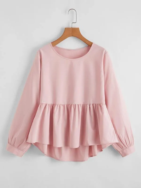 Solid Ruffle Hem High Low Peplum Blouse