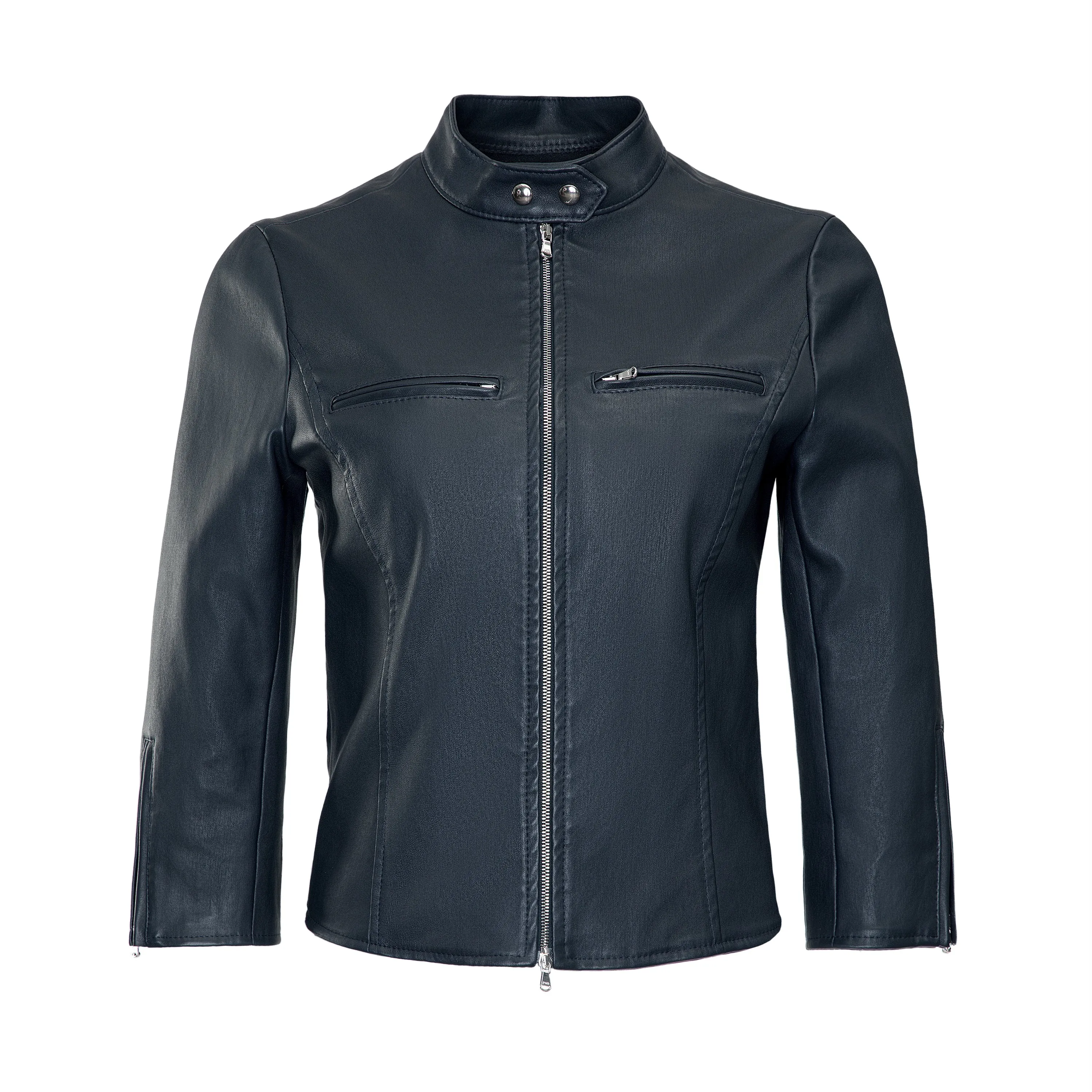 Stretch Leather Motocross Jacket-Navy