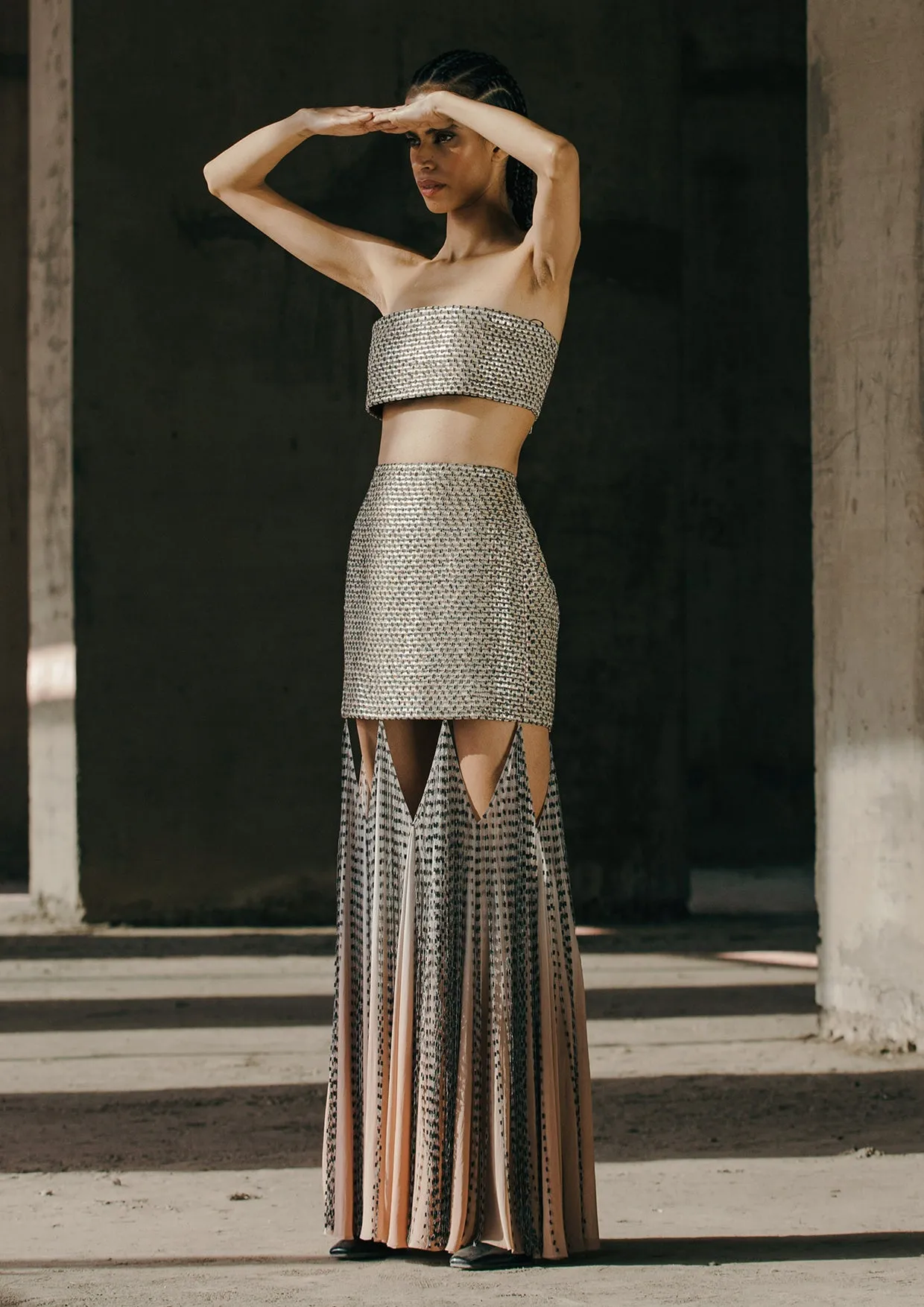 Structured Fringed Cut-Out Maxi Skirt