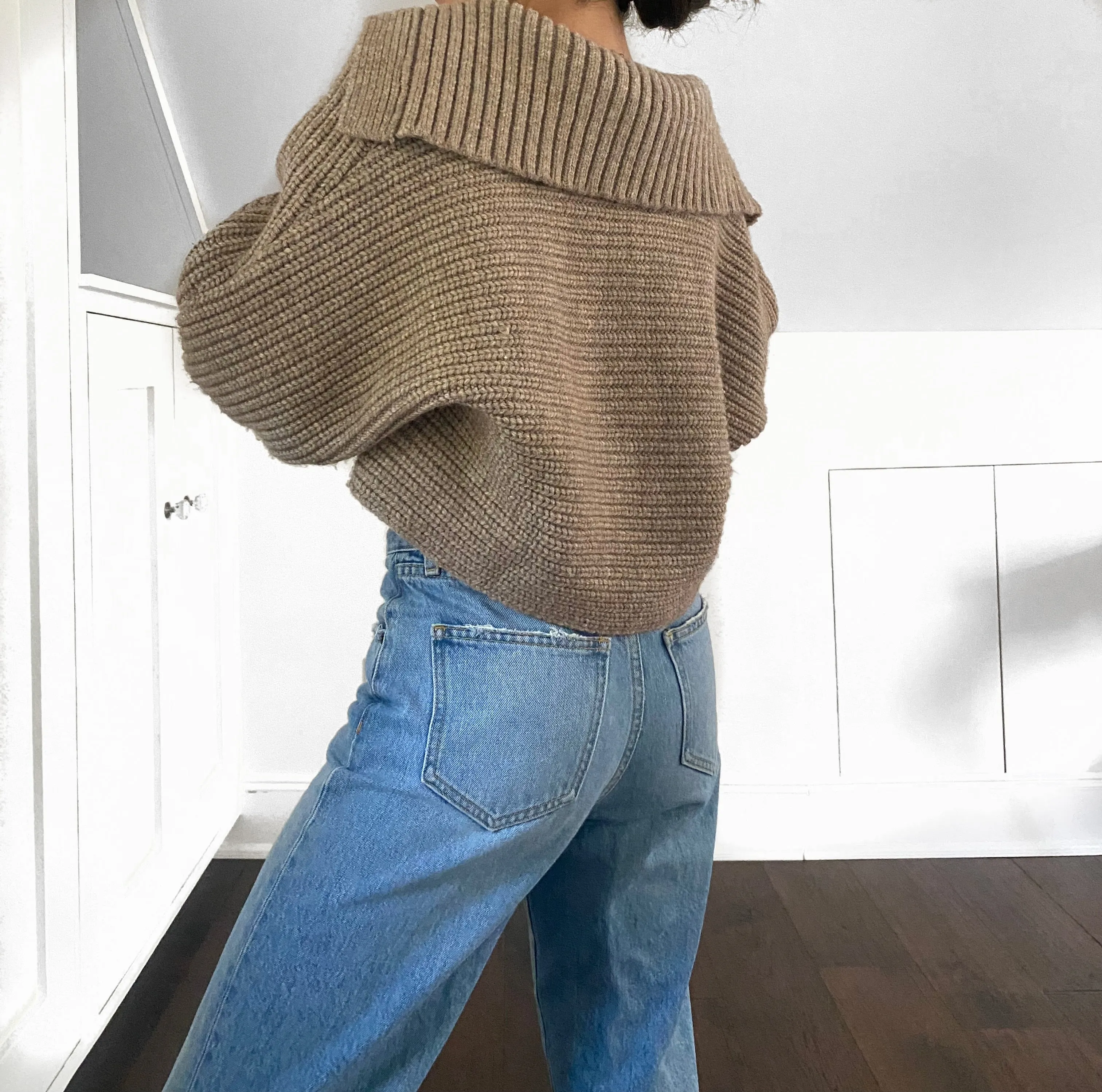 Taupe Oversized Cropped Collared Sweater