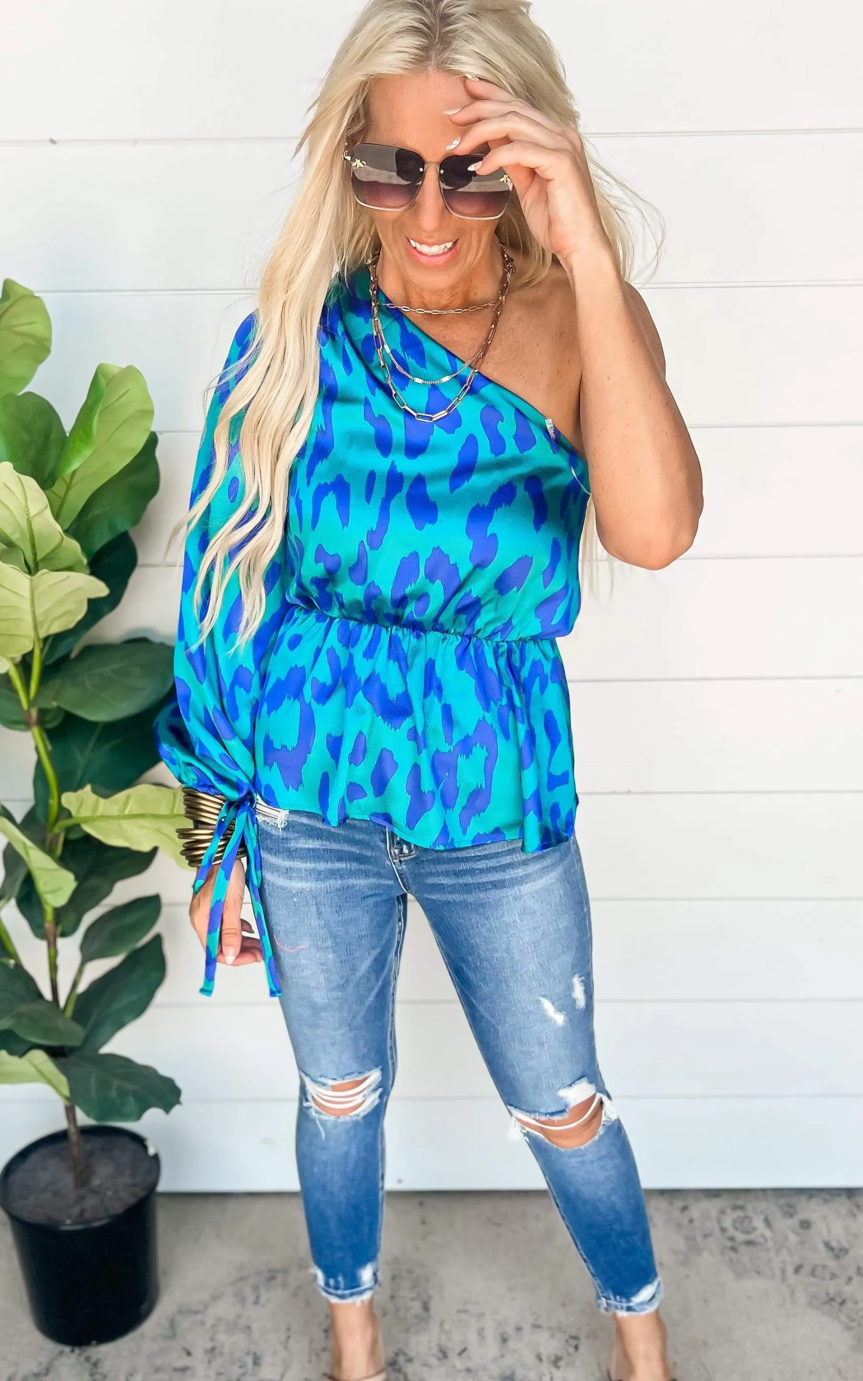 Vibrant Leopard One Sleeve Peplum Top - Final Sale