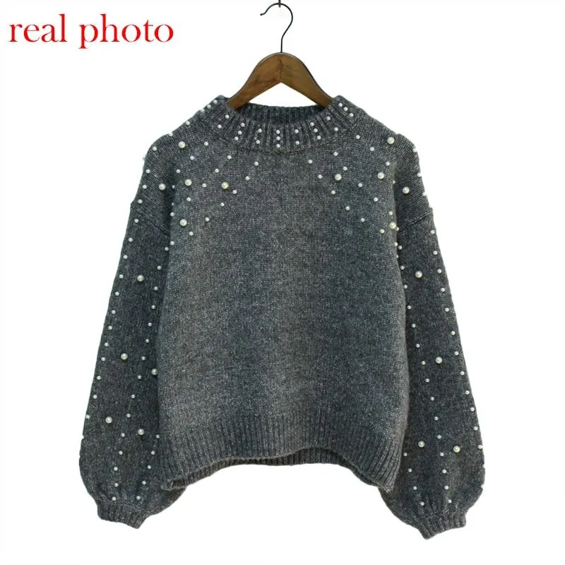 Women Bead Lantern Sleeve Knitted Sweater Pullover