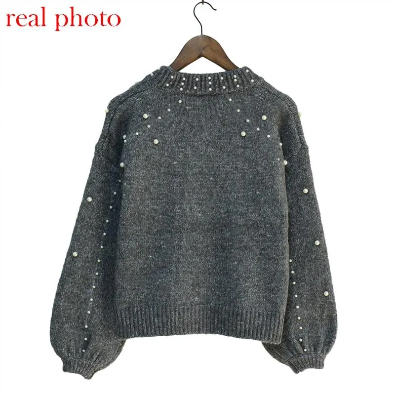 Women Bead Lantern Sleeve Knitted Sweater Pullover