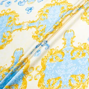 Yellow, Blue & Cream Printed Silk Satin